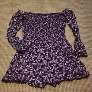 rue21 Floral Print Off-Shoulder Romper in Plum and Pink
